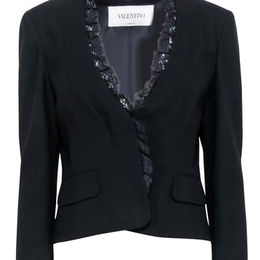 Valentino - Black Open-Front Blazer w/ Lace Trim Sz 8