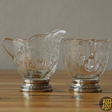 vintage cream and sugar set — thick glass, sterling silver 