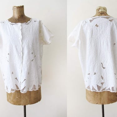 Vintage 80s White Bali Cut Shirt M L - 1980s Floral Cutwork Embroidered Short Sleeve Button Up - Net Mesh Cutout Boho Swim 