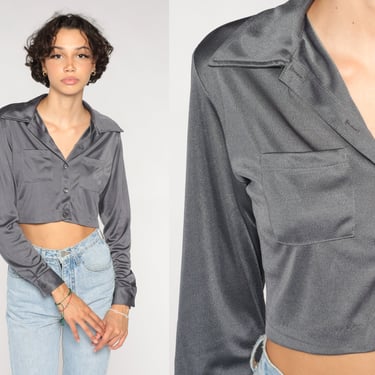 Silver Crop Top 90s Metallic Cropped Shirt Button up Blouse Retro Collared Long Sleeve Glam Party Shiny Going Out Top Vintage 1990s Small S 