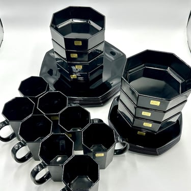 Vintage 80s Arcoroc Octime Black Glass Dinnerware, Octagon, Octagonal, Dinner Plates, Salad Plates, Cereal Soup Bowls, Cups, Saucers 