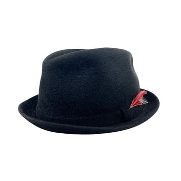 1940&#39;s Vintage Portis Royalist Black Fur Felt Fedora, Satin Lining Small 6 7/8 Hat Men&#39;s Feather Embellishments 