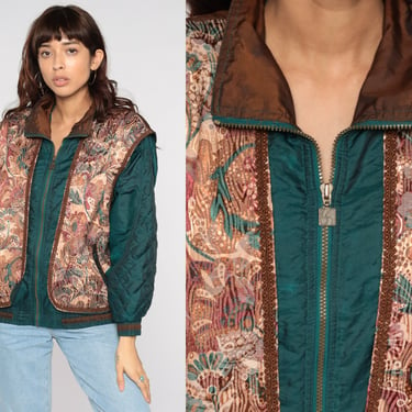 Floral Print Windbreaker 90s Green Abstract Zip Up Jacket Quilted Attached Vest Bomber Hipster Retro Vintage 1990s Streetwear Brown Small S 