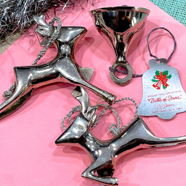 VINTAGE:  3pcs - Reindeers and Bell Ornaments - Nickel Plated Solid Brass White Christmas - Christmas, Holiday, Xmas 