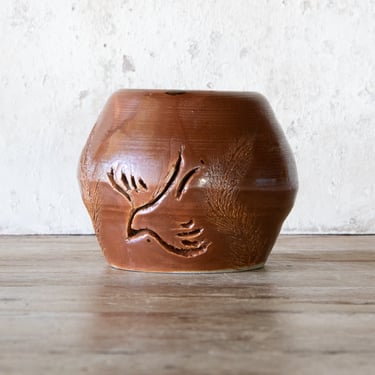 Studio Pottery Vessel or Tea Light Candle Holder, Signed Vase, Stoneware Decor with Dove Design 