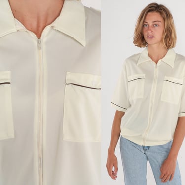 Cream Polo Shirt 70s Zip Up Top Semi-Sheer Collared Pocket Short Sleeve Banded Hem Retro Streetwear Preppy Casual Vintage 1970s Large L 