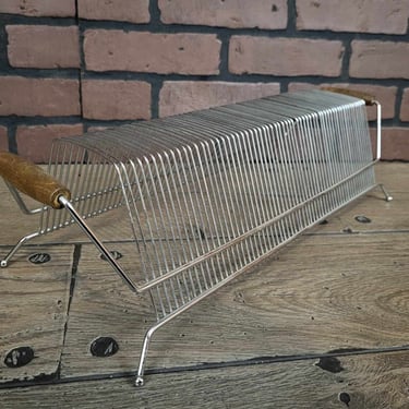Mid Century MCM Silver Wire Record Holder with Wood Handles 