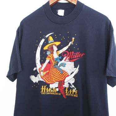 vintage beer shirt / Miller High Life / 1970s Miller High Life Stedman Hi Cru navy beer shirt XL 