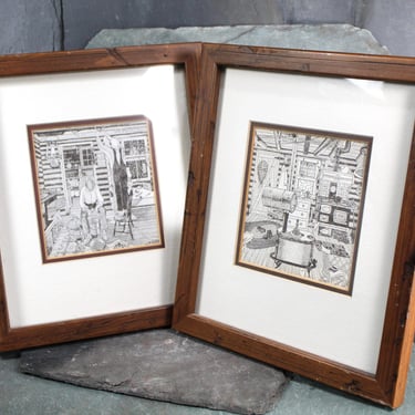 Set of 2 Framed Vintage Original Lithographs | Bob Snider Line Drawings | Nova Scotia Artist | Made in Canada | Handmade Paper 