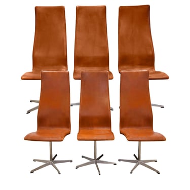 Arne Jacobson Set of 6 High Back Dining Chairs in Original Camel Leather 1960s (Signed)