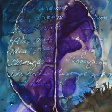 The Color of My Mind: Original ink painting on yupo of brain scan - neuroscience art literature Bronte 