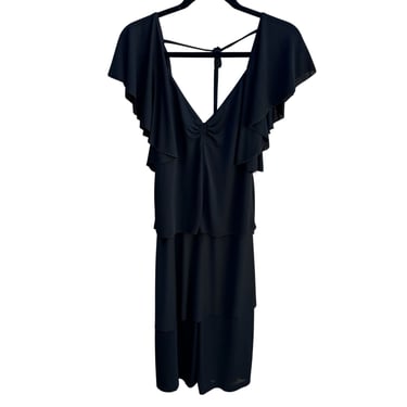 Vicky Valère Vintage Black Ruffle Tiered Skirt Back Tie Low Scoop Back Dress