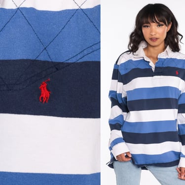 Ralph Lauren Shirt 90s Striped Long Sleeve Blue White Polo Shirt Preppy Pullover Vintage Retro 90s Streetwear RLP Rugby 2xl xxl 
