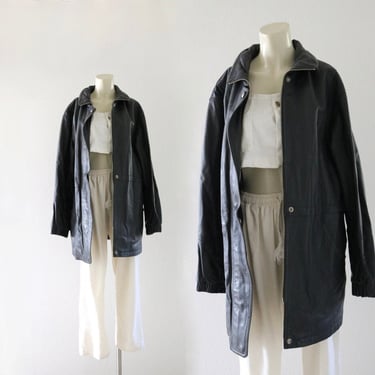 black leather jacket -L - vintage 90s minimal minimalist light lightweight womens coat unisex 