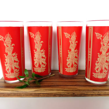 4 Culver Red Thai Goddess Highball Cocktail Glasses, Hollywood Regency Gold Barware, 22kt Gold, Mid Century Modern Tumblers 