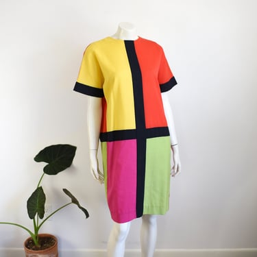 1980s Vibrant Color-Block Dress - M 