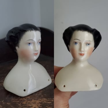Beautiful Vintage Doll Head with Ornate Hairstyle and Gold Bow 3" Tall - Collectible Dolls - Doll Parts 
