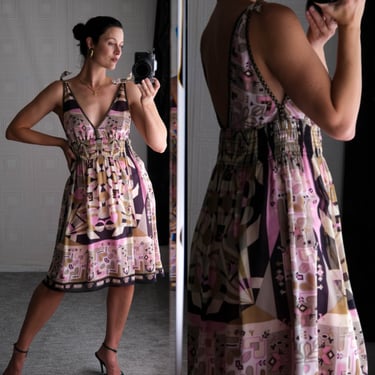 Vintage Nicole Miller Studio Light Pink Earthtone Geometric Print Silk Tie Strap Mini Dress | 100% Silk | 2000s Y2K Designer Silk Mini Dress 