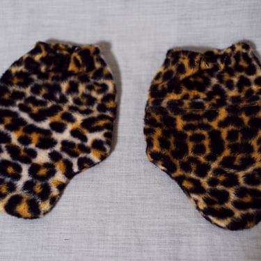 1990s Leopard Print Winter Mitten Muffs — Vintage Faux Fur Mittens 