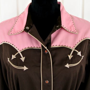 Roper Vintage Retro Women's Cowgirl Western Shirt, Traditional Rodeo Queen Blouse, Pink & Brown, Tag Size XLarge (see meas. photo) 