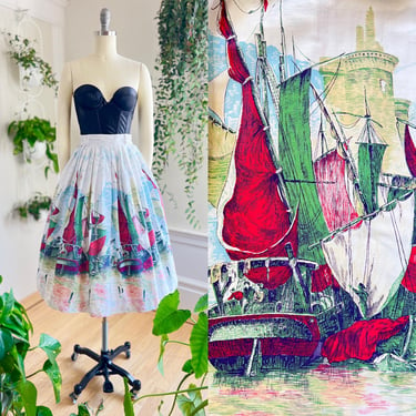 Vintage 1950s Skirt | 50s Novelty Border Print Cotton Sailboats Castle Pleated Full Swing Skirt (small) 