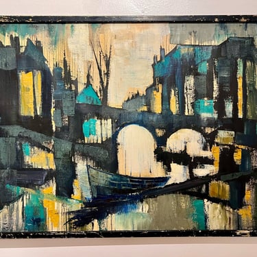 A very interesting oil on canvas cityscape made by Greene framed in original condition.    Want more images or videos? Request additional images or videos from the seller Contact Seller  1950's Modern