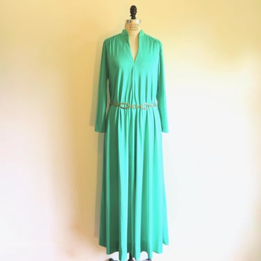 1970's Jade Green Knit Long Maxi Caftan Lounge Dress Long Sleeve Gold Belt Mod Style Hippie Boho Size Medium Large 