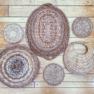 Wall Basket Collection! Woven VINTAGE Wicker Baskets Trays & Planter, Set of 6, Neutral Natural Boho Wall Decor 