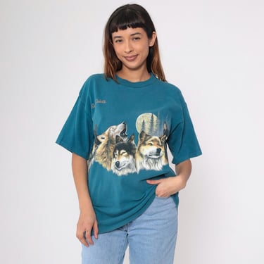 Vintage South Dakota Wolf Shirt 90s Teal Habitat T-Shirt Animal Wildlife 1990s Howling Wolves Graphic Tee 1992 TShirt Large L 