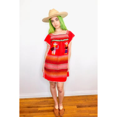 Hand Embroidered Dress // vintage sun Mexican 70s boho hippie hippy mini red // S Small 