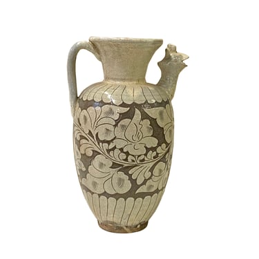 Chinese Cizhou Ware Ceramic Tan Underglaze Flower Bird Vase Jar ws2942E 