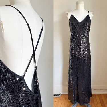 Vintage 2000s Deadstock Black Sequin Slip Dress / L 