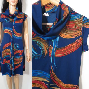 Vintage 70s Abstract Van Gogh Paint Swirl Cowl Neck Dress Size XS 