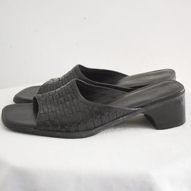 1990s Cole Haan Black Leather Woven Slides, Size 8.5 B 