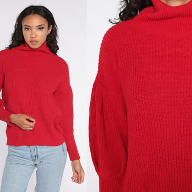 Red Sweater 80s Mock Neck Sweater Balloon Sleeve Sweater Knit Pullover Retro 1980s Vintage Medium 