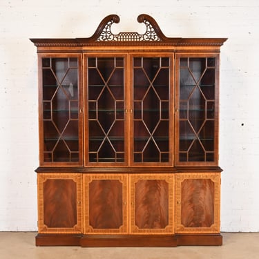 Georgian Carved Mahogany Lighted Breakfront Bookcase Cabinet by Craftique