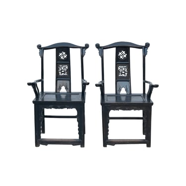 Pair Vintage Chinese Rustic Black Lacquer Deer Motif Yoke-Back Armchairs cs7807E 