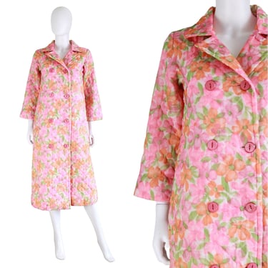 1960s Pink & Orange Floral Quilted Robe - Vintage Quilted Jacket - Vintage Quilted Housecoat - 1960s Retro Print Robe | Size Small 