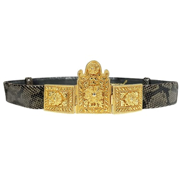 Judith Leiber 1980s Vintage Ornate Gold Buckle Python Skin Adjustable Belt 