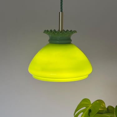 Vintage Opaline Glass Pendant Light / Ceiling Green Glass Light / MCM Pendant Light / Mid Century Modern Hanging Light / 70s Light 