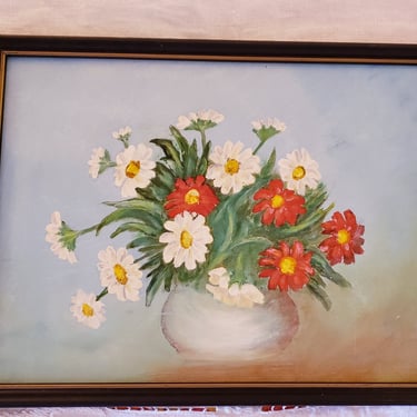 Vintage Floral paintings Daisies and Zinnias Colorful Cottage Style wall decor 