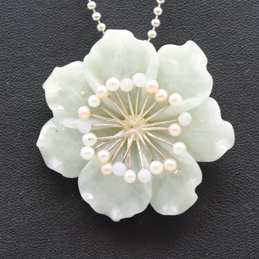 Vintage Whitney Kelly jade pearl sterling silver pendant brooch, big WK 925 China jadeite flower necklace 