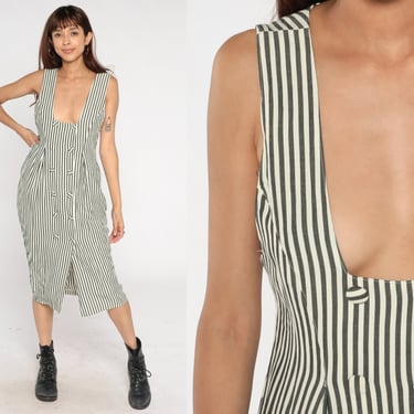 Striped Midi Dress 90s Double Breasted Button Up Pencil Jumper Pinafore Low Plunging Neckline Sleeveless Front Slit Vintage 1990s Medium 
