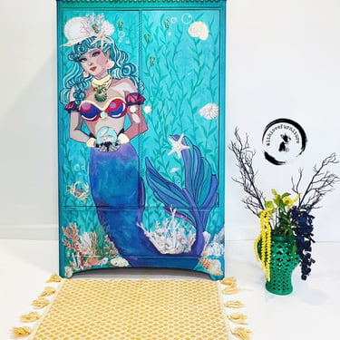 Nautical Painted Wardrobe. Vintage Seaside Inspired Armoire. Refinished Artistic Dresser. Coastal Furniture. Mermaid Girls Bedroom Chest 