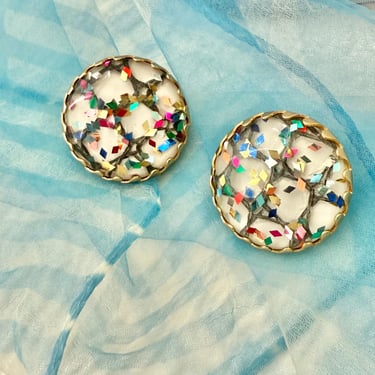 Vintage Earrings, Confetti Glitter, Multi Gem Tones, Lucite, Clip On, 50s 60s Pin Up, Rockabilly 