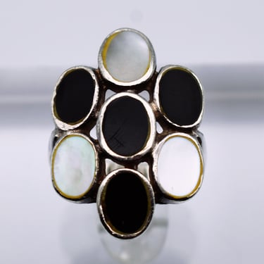 80's Mother of Pearl onyx 925 silver size 5.5 Modernist ring, geometric sterling black & white stone ring 