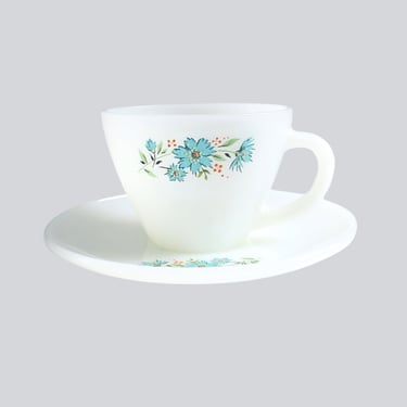 Anchor Hocking Fire King Blue Cornflower Milk Glass Cup and Saucer 