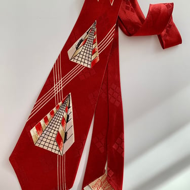 1940's Art Deco Tie - STETSON Cravat - Quality Silk - Classic Deco Design - Deep Red, Cream, Tan & Black 