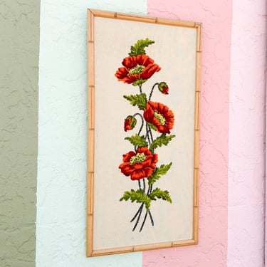 Crewel Poppies in Faux Bamboo Frame