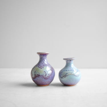 Vintage Miniature Blue and Purple Vases, Pair of Tiny Studio Pottery Vases 